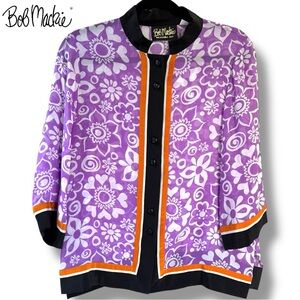 BOB MACKIE Wearable Art 100% Silk Blouse Purple Floral Mandarin Collar | Sz M